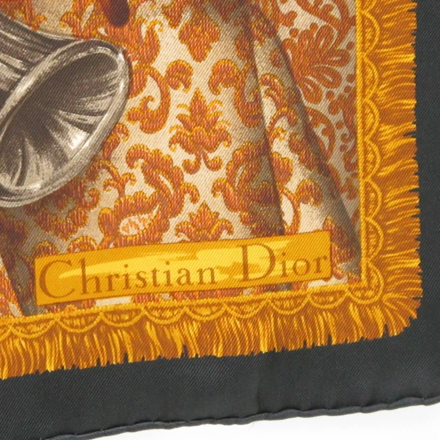 Brown Vintage Christian Dior Silk Twill Scarf Music Instruments Design