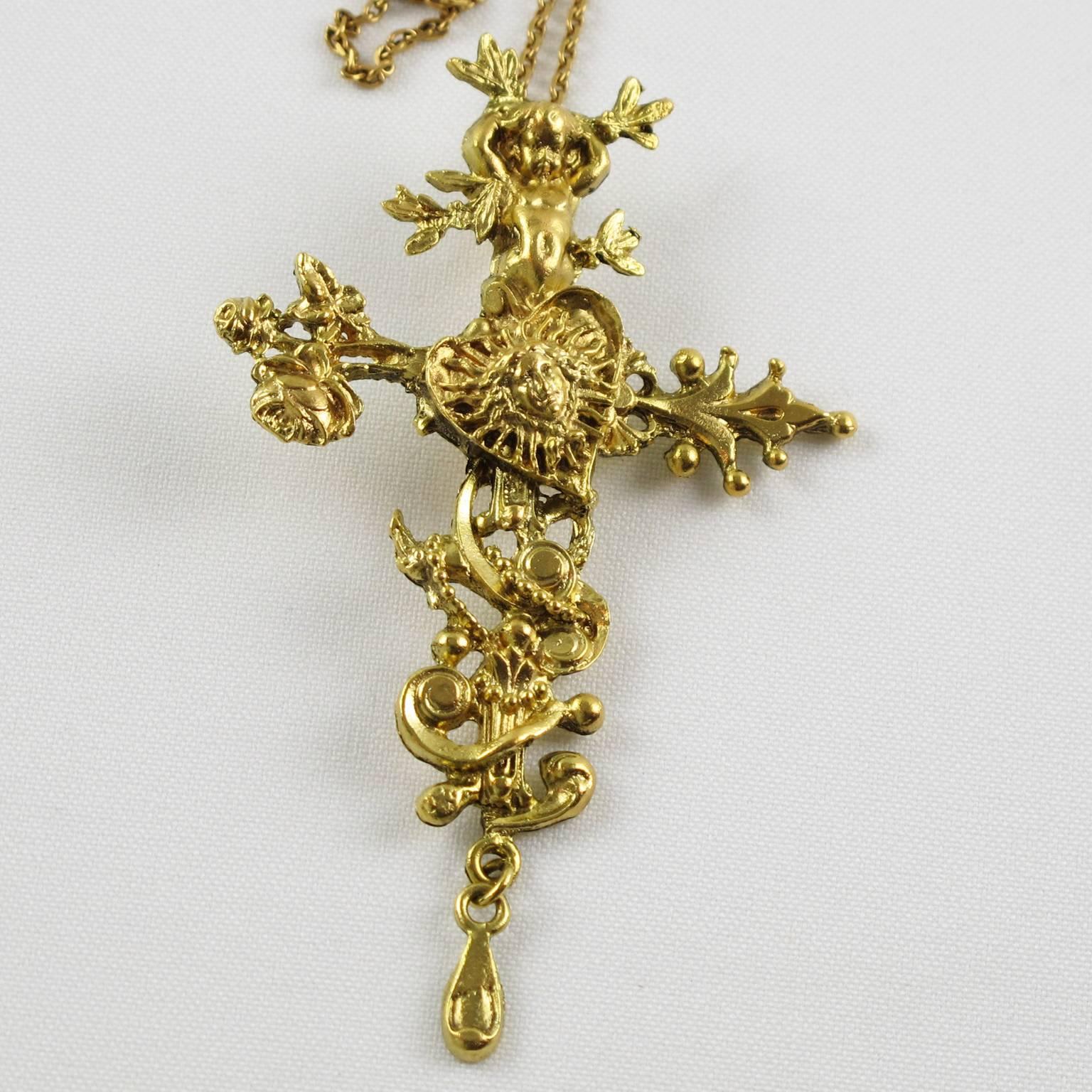 Women's 90s Christian Lacroix Comedie Francaise Gilt Metal Carved Cross Pendant Necklace