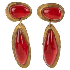 Brutalist Gold Resin and Red Cabochons Dangle Clip Earrings