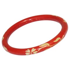 French Art Deco Red Celluloid Bracelet Bangle with White Floral Design