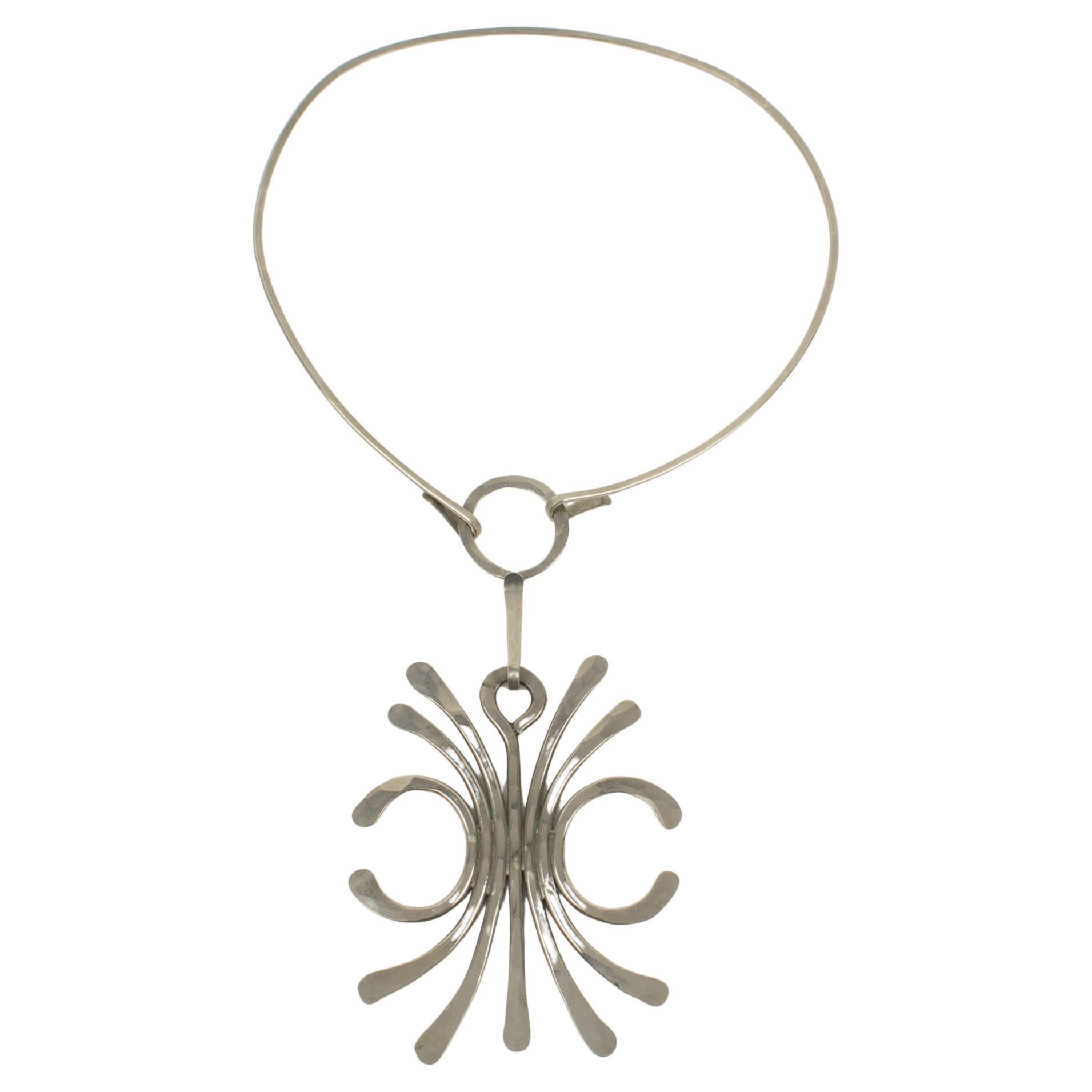 Mid Century Space Age Stainless Steel Modernist Wire Collar Pendant Necklace