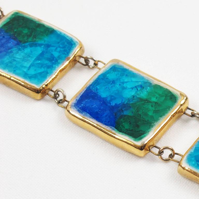 Rare Mid Century Modern Ceramic Link Bracelet Turquoise Blue Fused