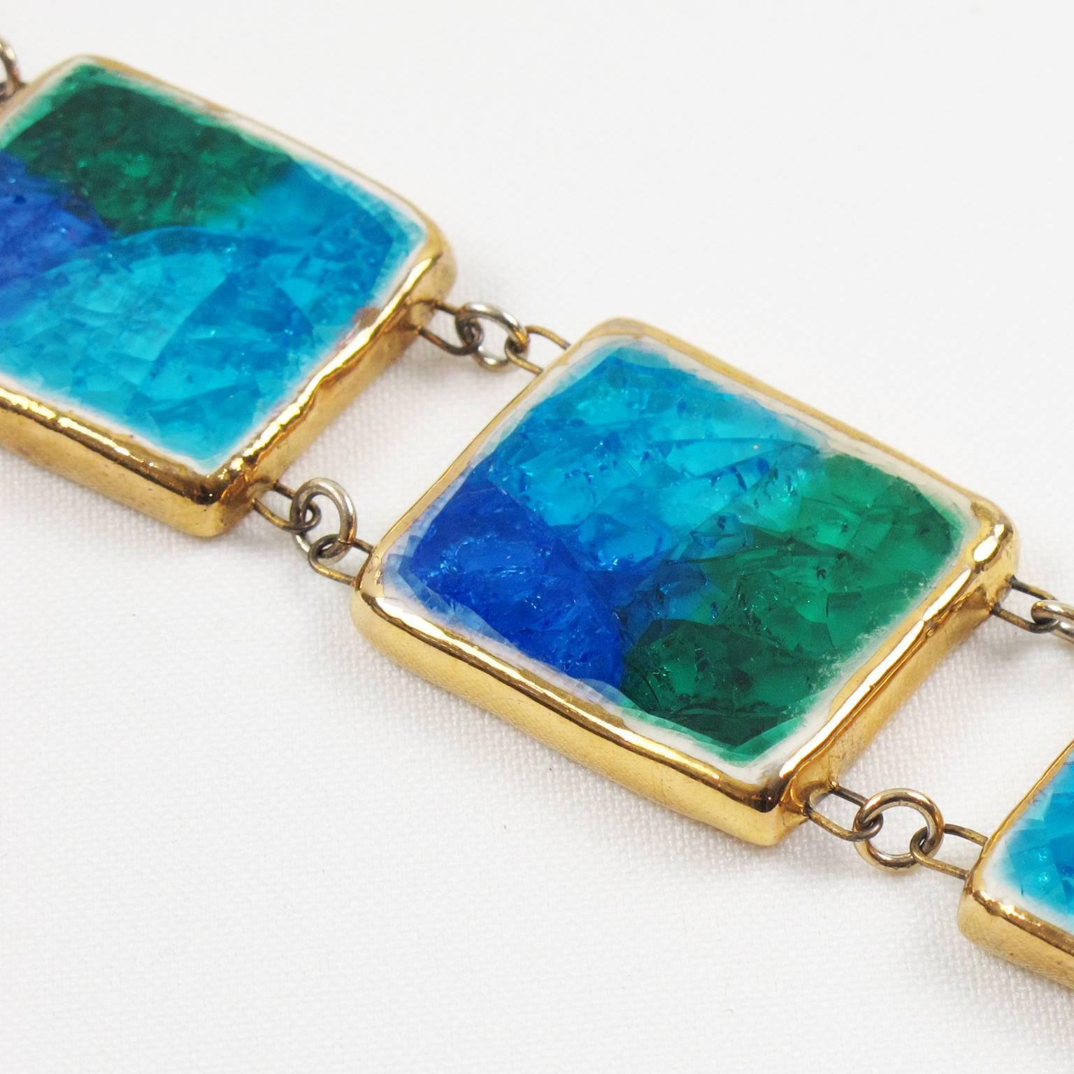Women's or Men's Rare Mid Century Modern Ceramic Link Bracelet Turquoise Blue Fused Glass