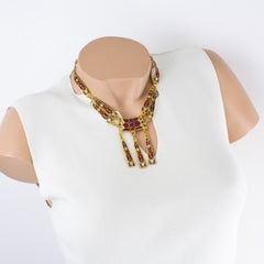 Gilded Bronze Choker Necklace with Mid-Century Red, White, Turquoise Enamel