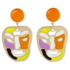 Missoni Italy Gilt Metal Clip Earrings with Multicolor Iconic Smiling Face