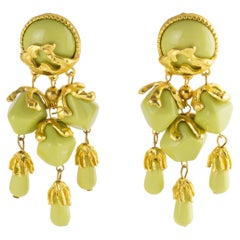 Princess Mimi Di N Niscemi Green Resin and Gilded Metal Dangle Pierced Earrings