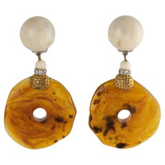 Angela Caputi Gilded and Rootbeer Resin Dangle Clip Earrings