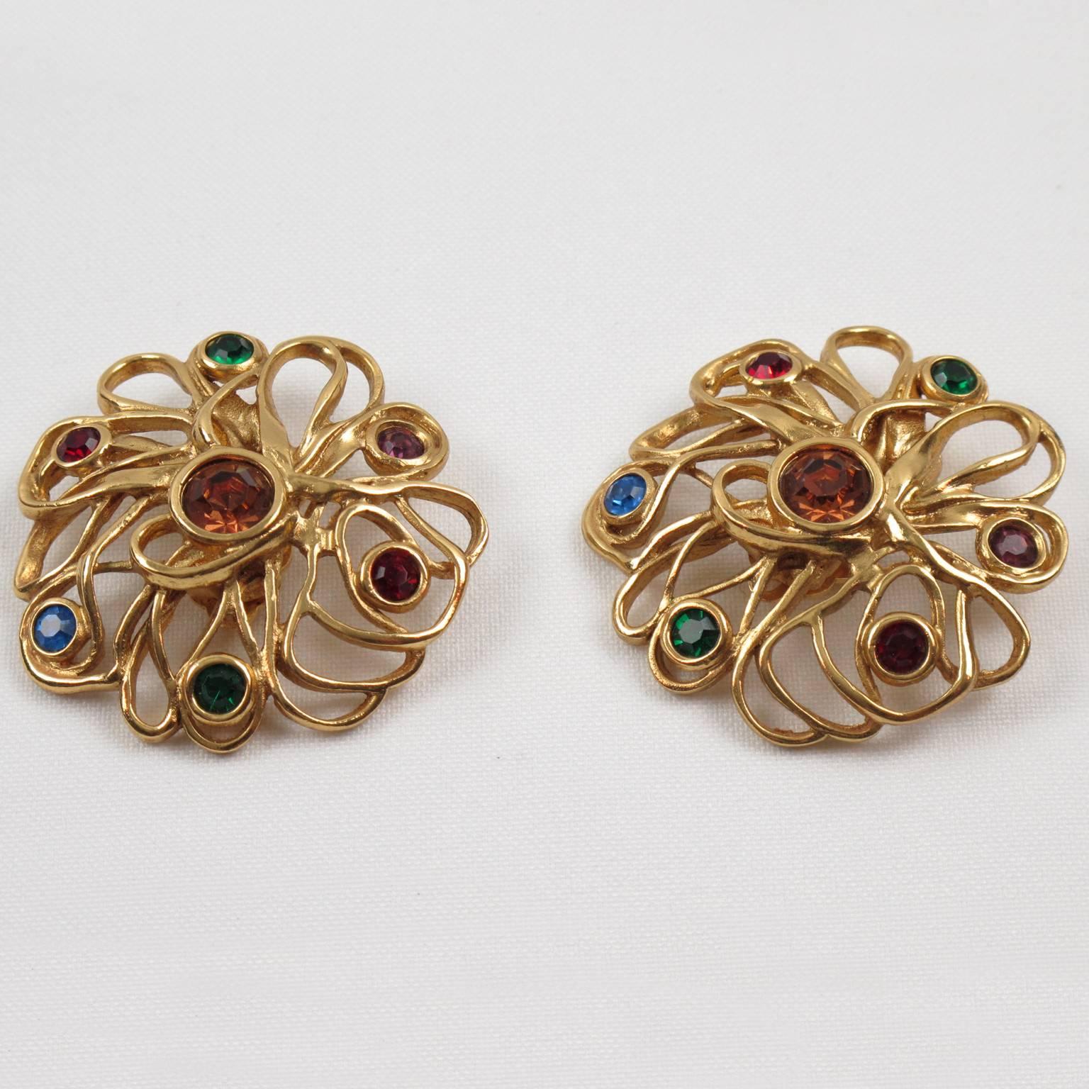 Yves Saint Laurent YSL Paris Signed Jeweled Clip On Earrings In Excellent Condition In Atlanta, GA