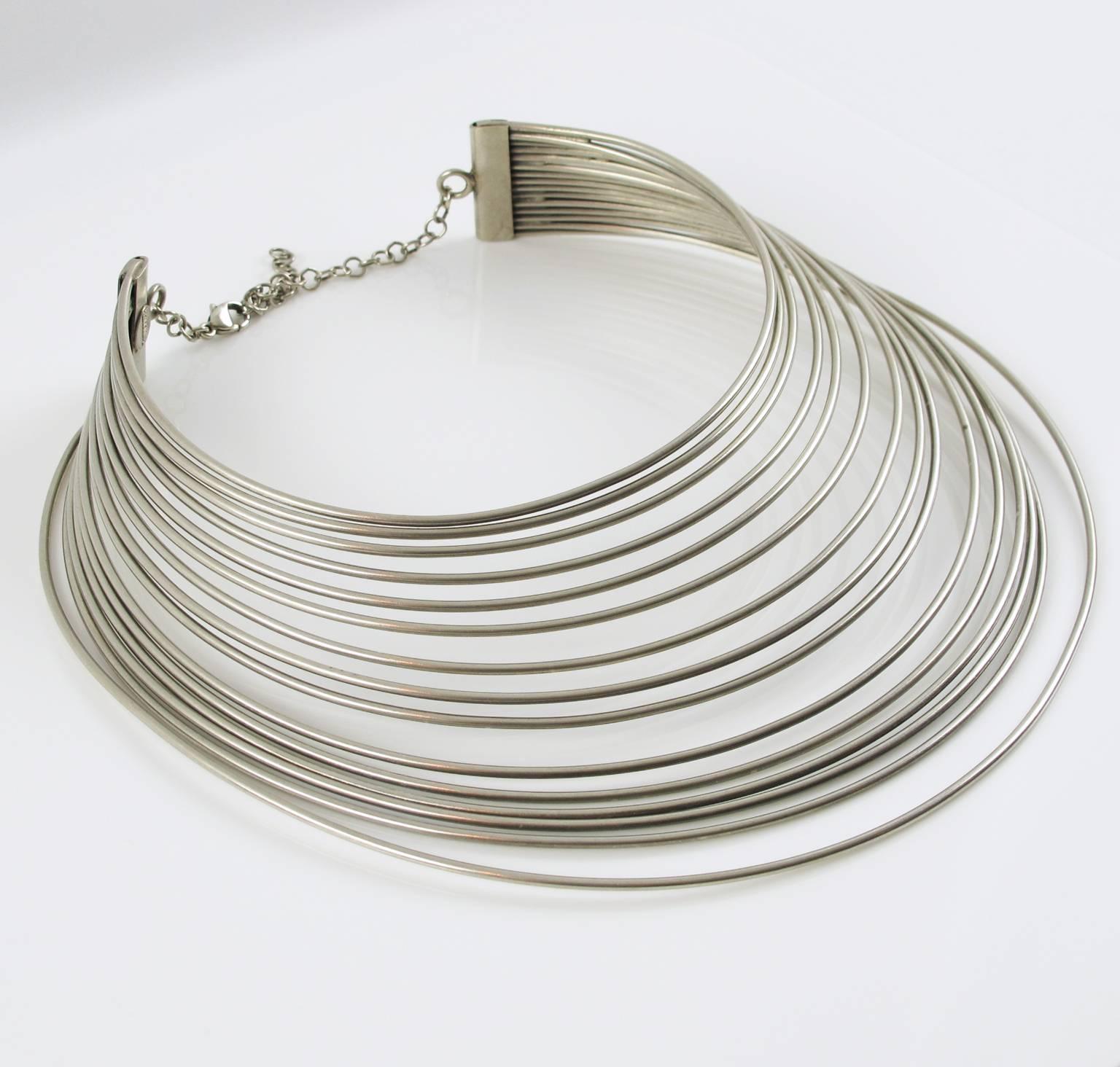 Rare Jean Paul Gaultier Signed Modernist Silvered Metal Necklace In Excellent Condition In Atlanta, GA