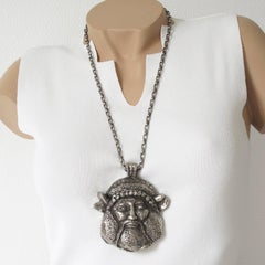 Guy Laroche Paris Signed Modernist Antique God Medallion Pendant Necklace