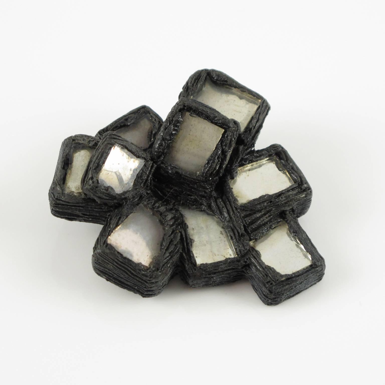 Rare Line Vautrin Talosel Resin geometric brooch pin. Encrusted with clear mirrored glass with iridescence in a modernist shape. Glass and Talosel, a technique created by Line Vautrin, in which she used cellulose acetate that was fractured into tiny