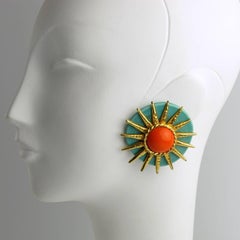 Philippe Ferrandis Paris Signed Clip-on Earrings Oversized Turquoise Ceramic Sun