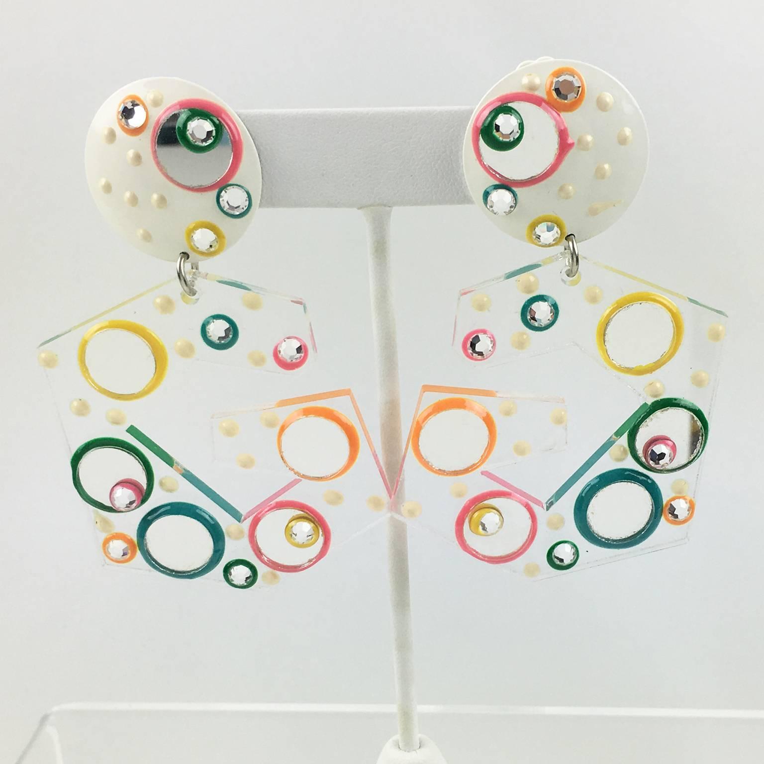 Modernist Italian Memphis Studio Style Oversized Colorful Loop Lucite Clip-On Earrings