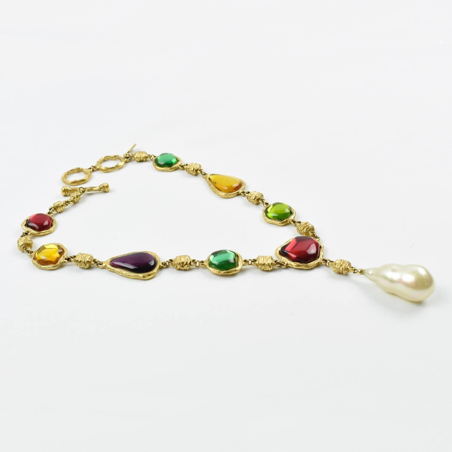 Charles Jourdan Paris Rare Gilt Metal Jeweled Necklace Multicolor Rhinestones In Excellent Condition In Atlanta, GA