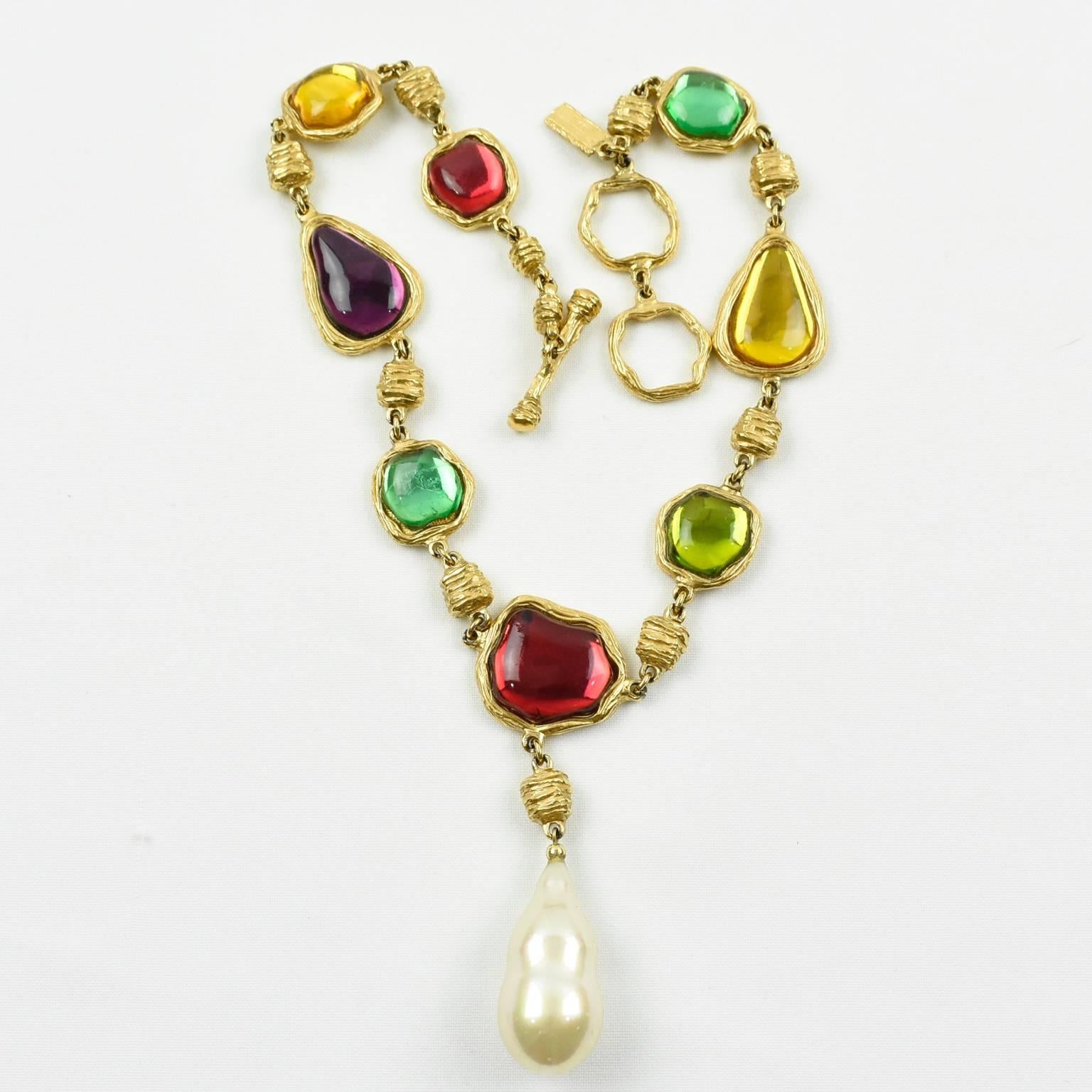 Women's Charles Jourdan Paris Rare Gilt Metal Jeweled Necklace Multicolor Rhinestones
