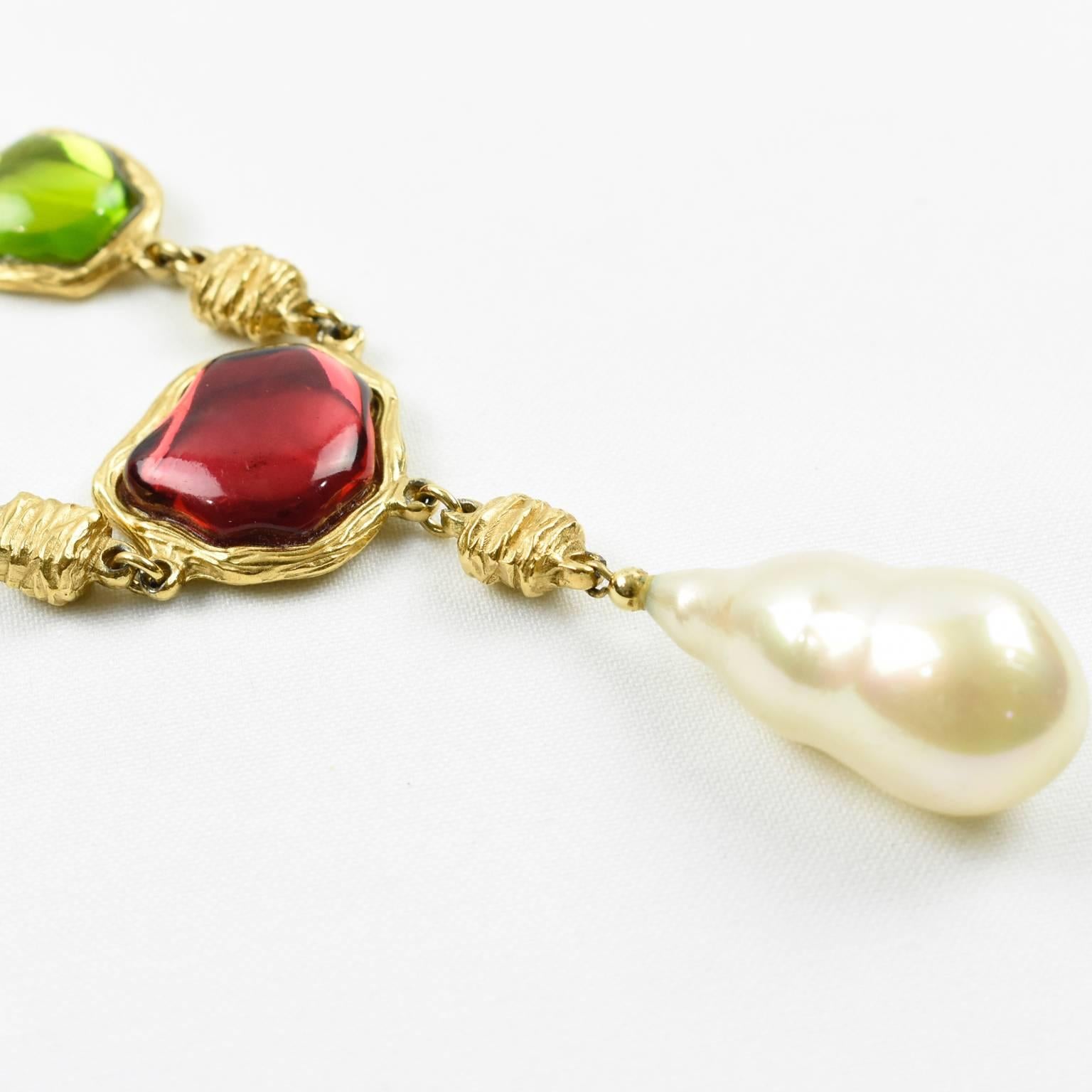 Charles Jourdan Paris Rare Gilt Metal Jeweled Necklace Multicolor Rhinestones 1