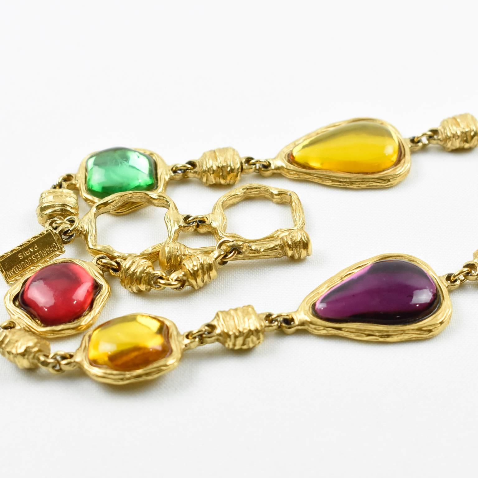 Charles Jourdan Paris Rare Gilt Metal Jeweled Necklace Multicolor Rhinestones 2
