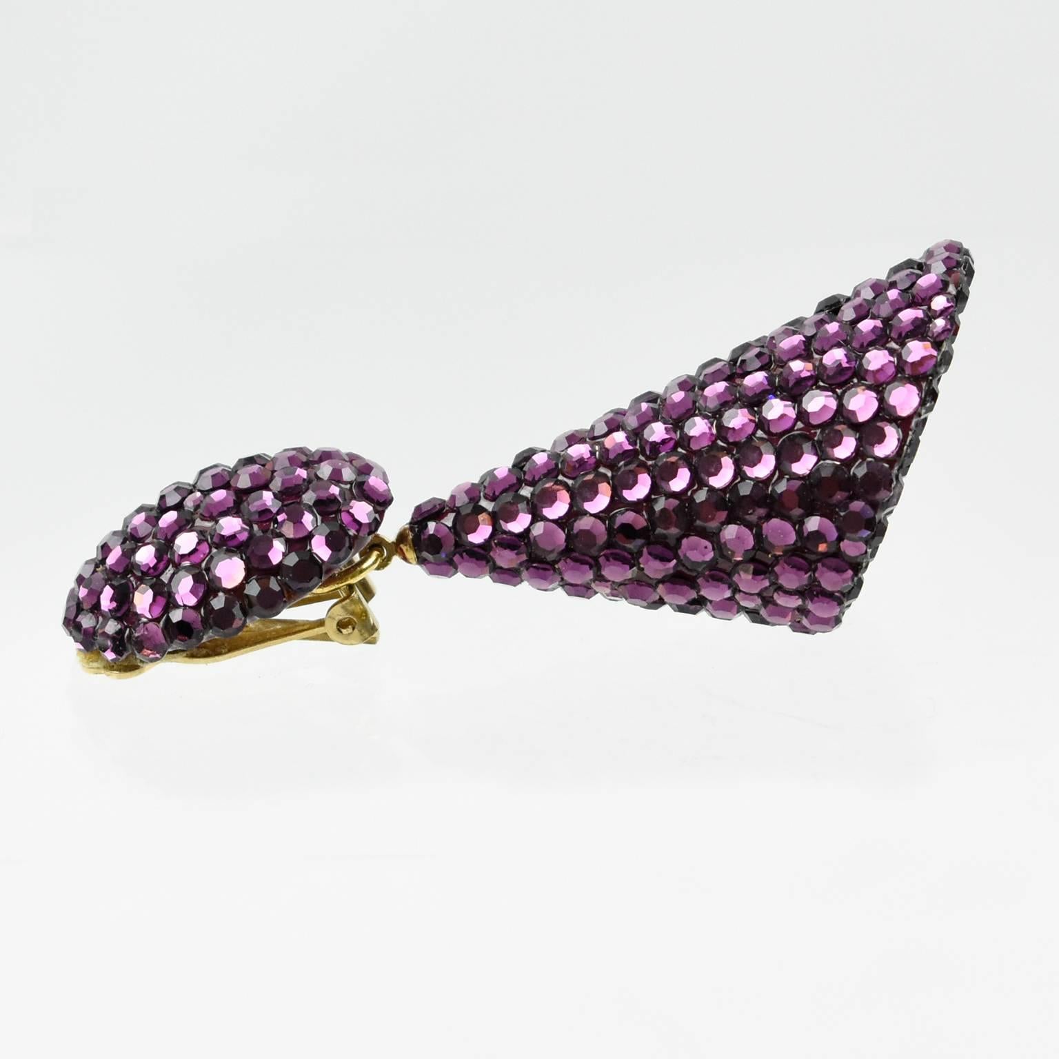Women's or Men's Richard Kerr Dangle Clip on Earrings Amethyst Purple Rhinestones Paved