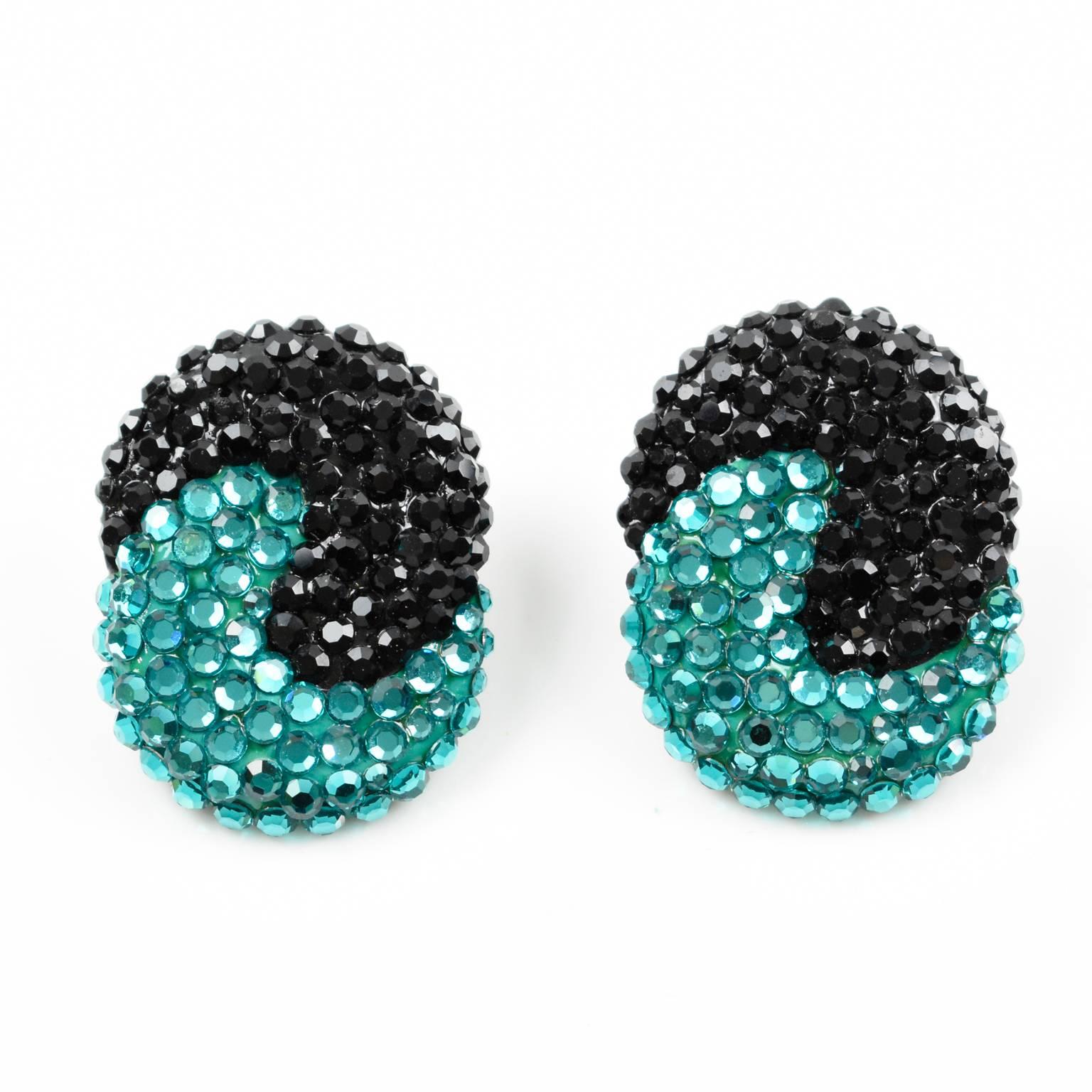Richard Kerr Clip on Earrings Turquoise and Black Rhinestones Paved In Excellent Condition In Atlanta, GA