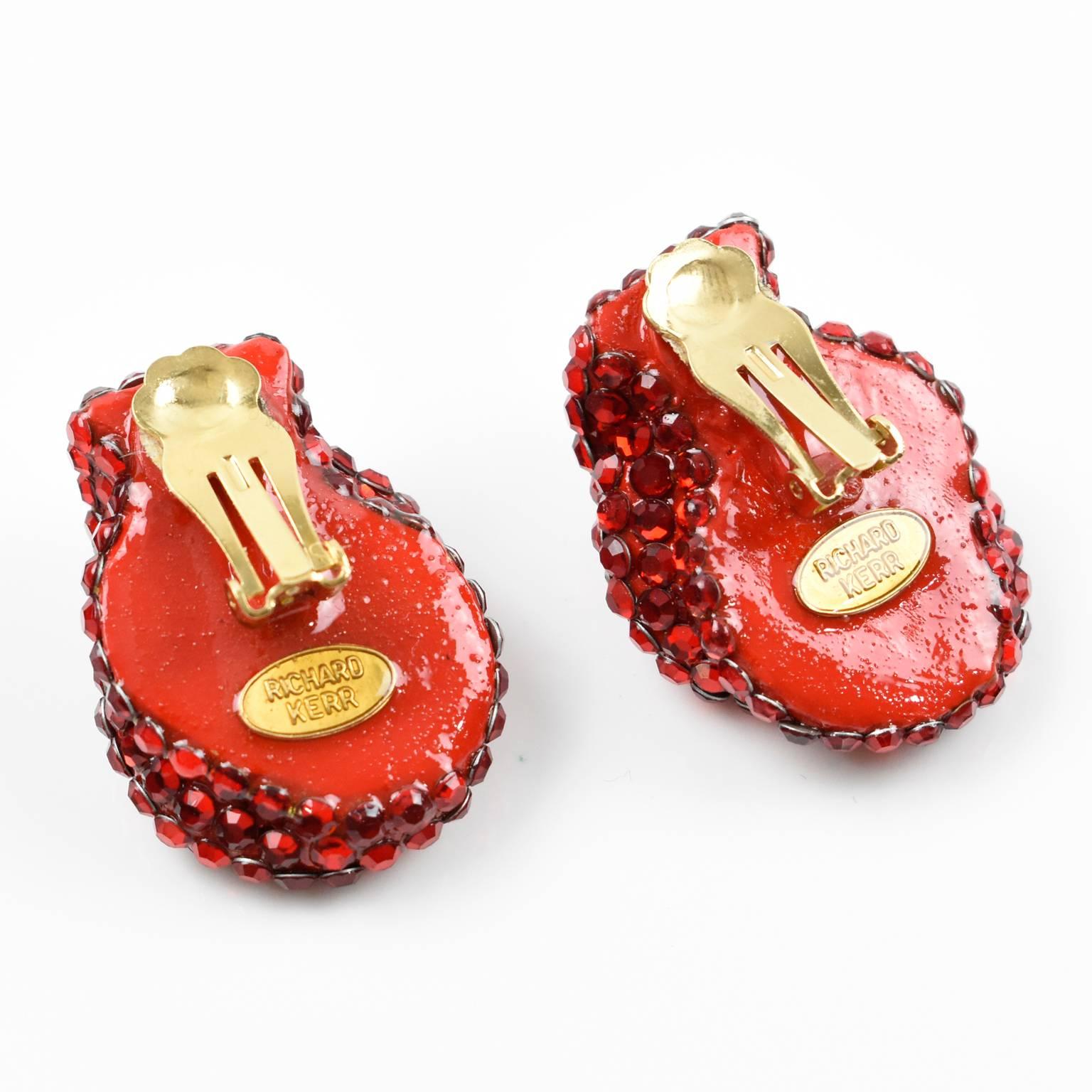 Women's or Men's Richard Kerr Clip on Earrings Ruby Red Rhinestones Paved