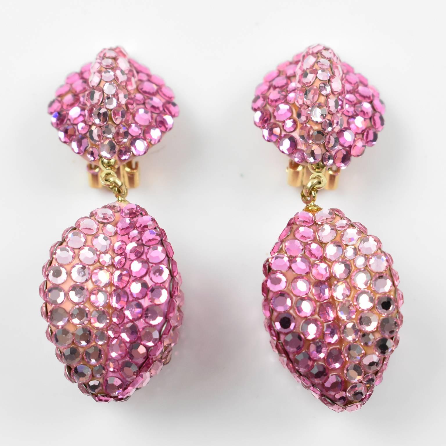 Richard Kerr Dangle Clip on Earrings Pink Rhinestones Paved In Excellent Condition In Atlanta, GA