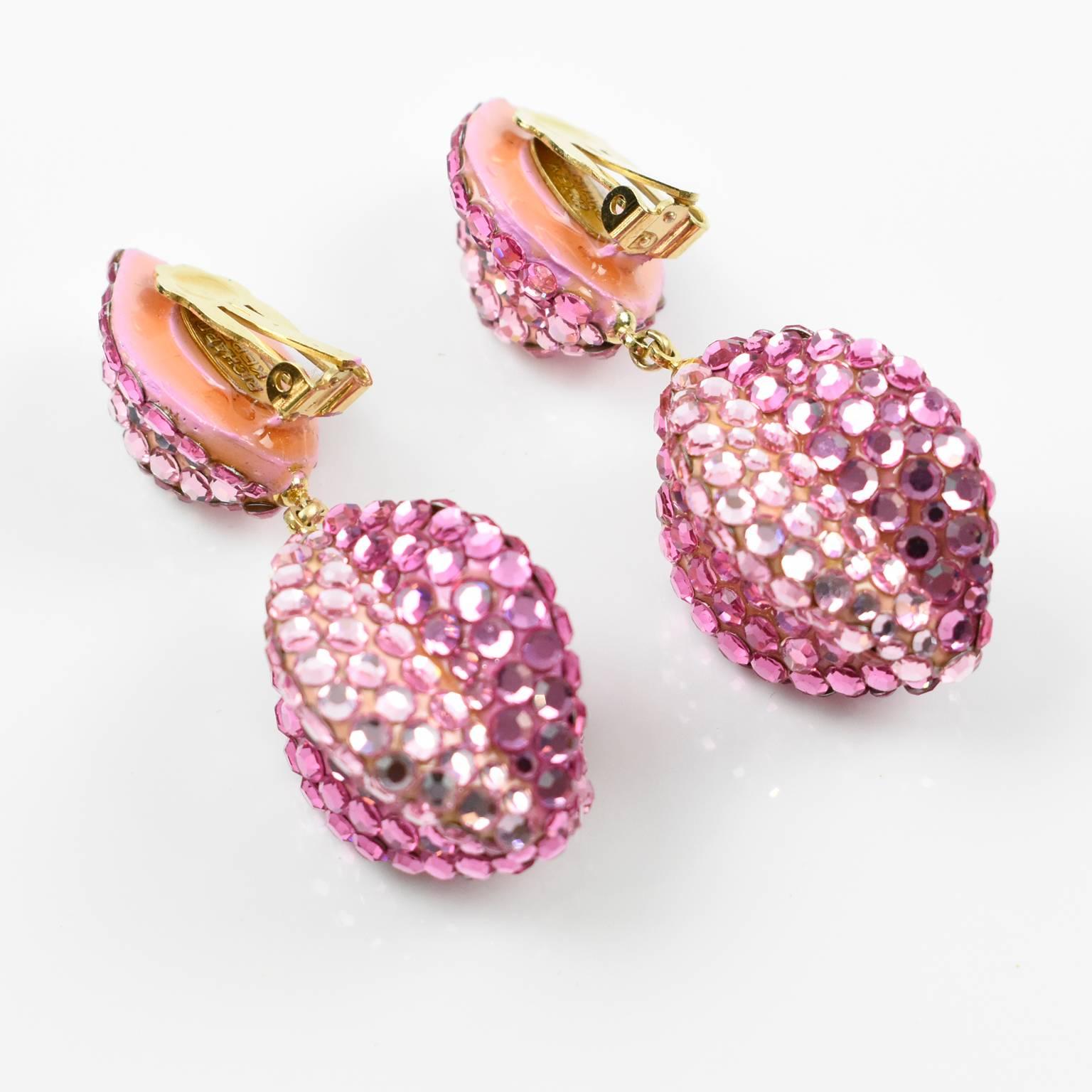 Women's or Men's Richard Kerr Dangle Clip on Earrings Pink Rhinestones Paved