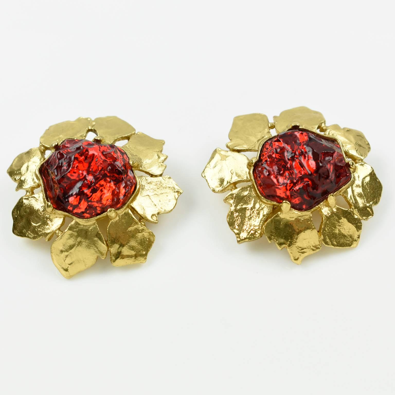 Yves Saint Laurent YSL Clip on Earrings Floral Gilt Metal Ruby Red Rhinestone In Excellent Condition In Atlanta, GA