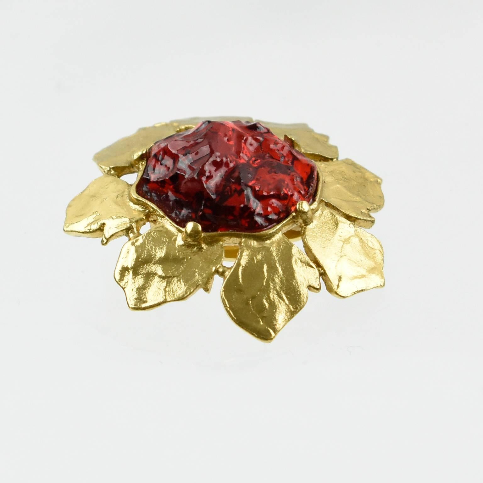 Yves Saint Laurent YSL Clip on Earrings Floral Gilt Metal Ruby Red Rhinestone 2