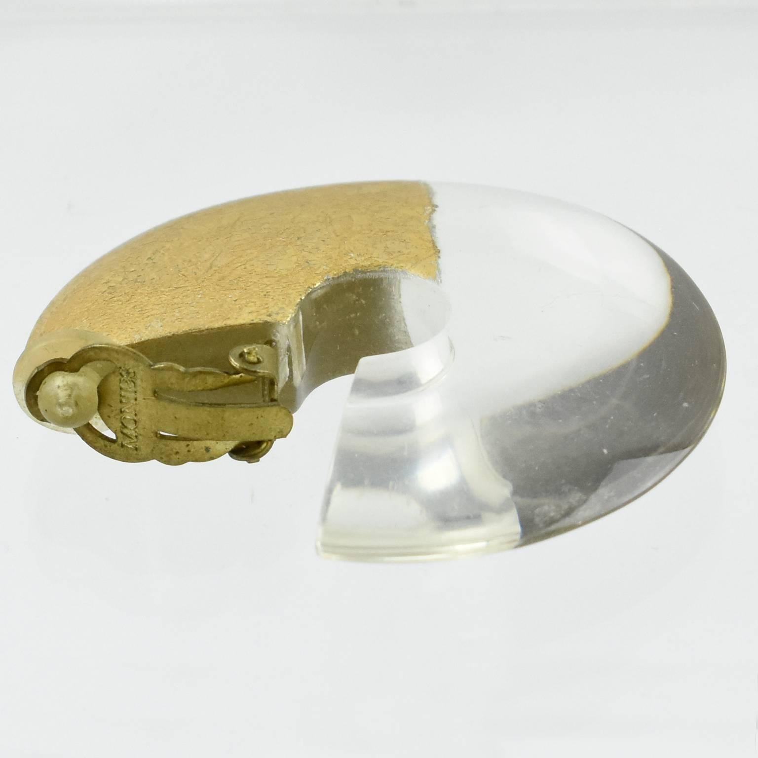 Gerda Lyngaard for Monies Oversized Hoop Clip on Earrings Clear Lucite Gold Foil In Excellent Condition In Atlanta, GA