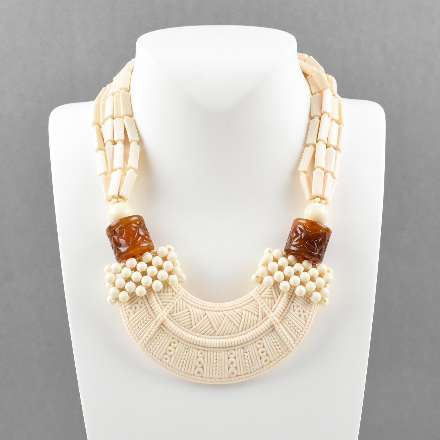 Modern Angela Caputi Sculptural Tribal Off-white and Brown Beaded Choker Necklace