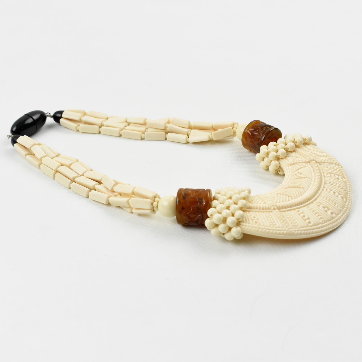 Angela Caputi Sculptural Tribal Off-white and Brown Beaded Choker Necklace In Excellent Condition In Atlanta, GA
