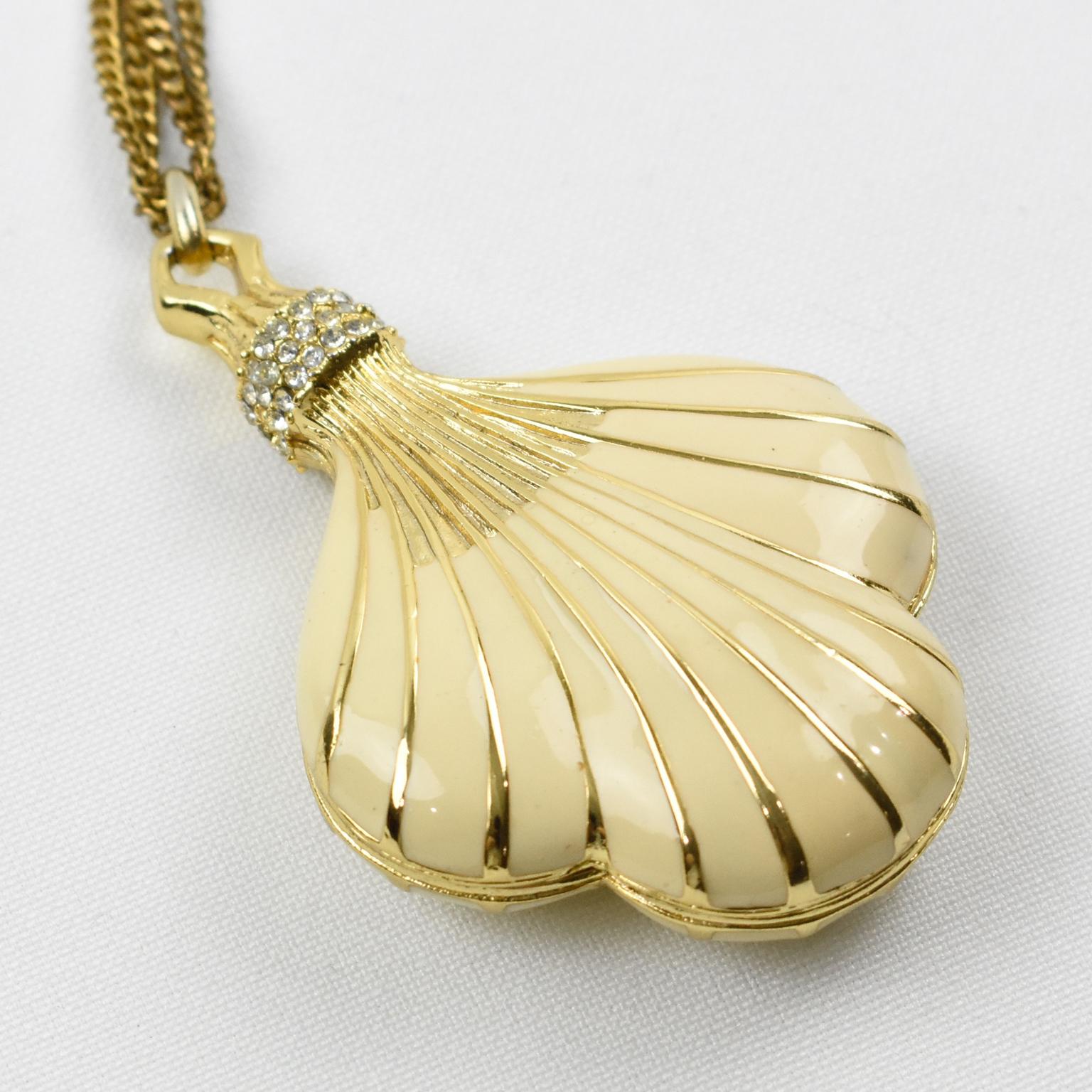 Lanvin Paris Signed Necklace Modernist Gilt Metal and Enamel Seashell Pendant 1
