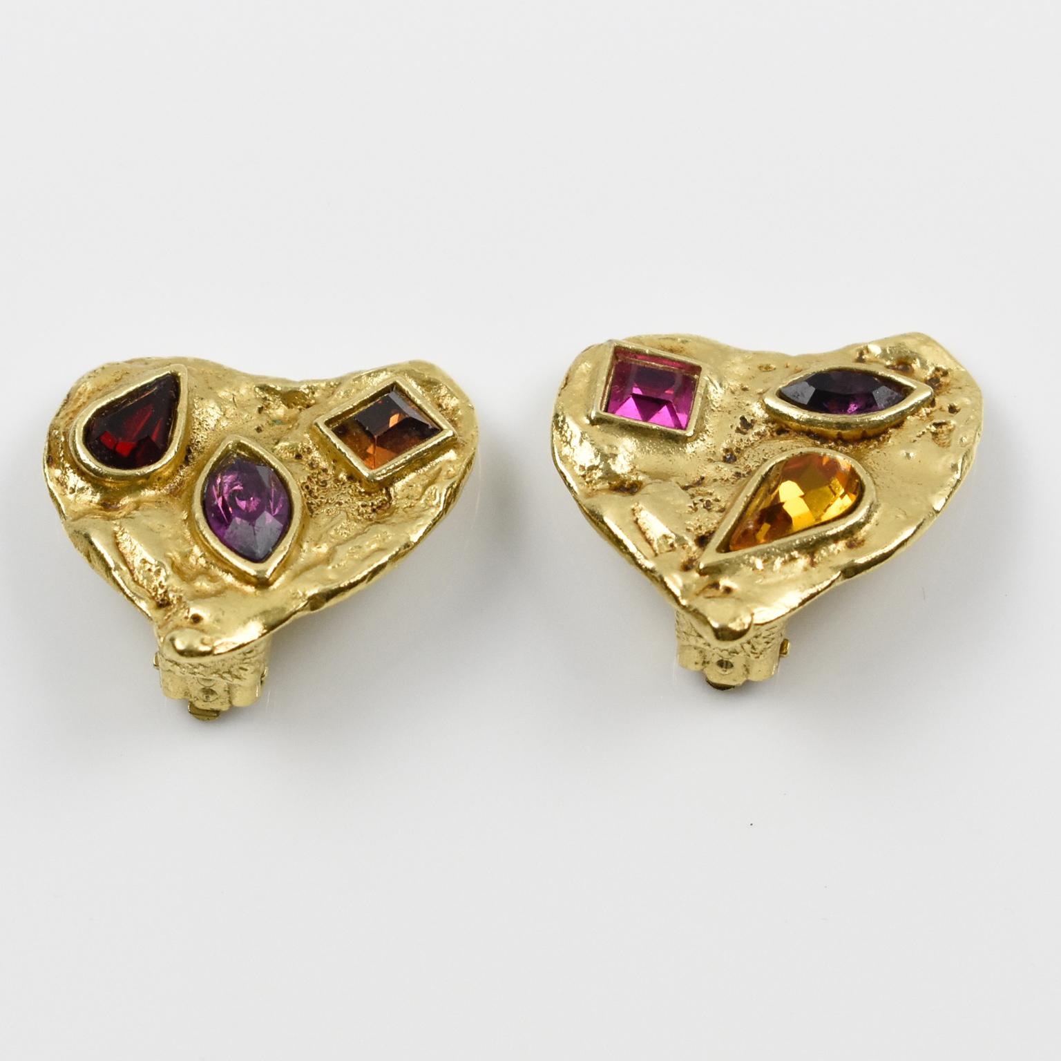 Yves Saint Laurent Paris Signed clip on Earrings Gilt Metal Heart and Rhinestone In Excellent Condition In Atlanta, GA