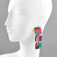 Italian Pop Art Dangling Lucite Pierced Earrings Multicolor Harlequin Pattern