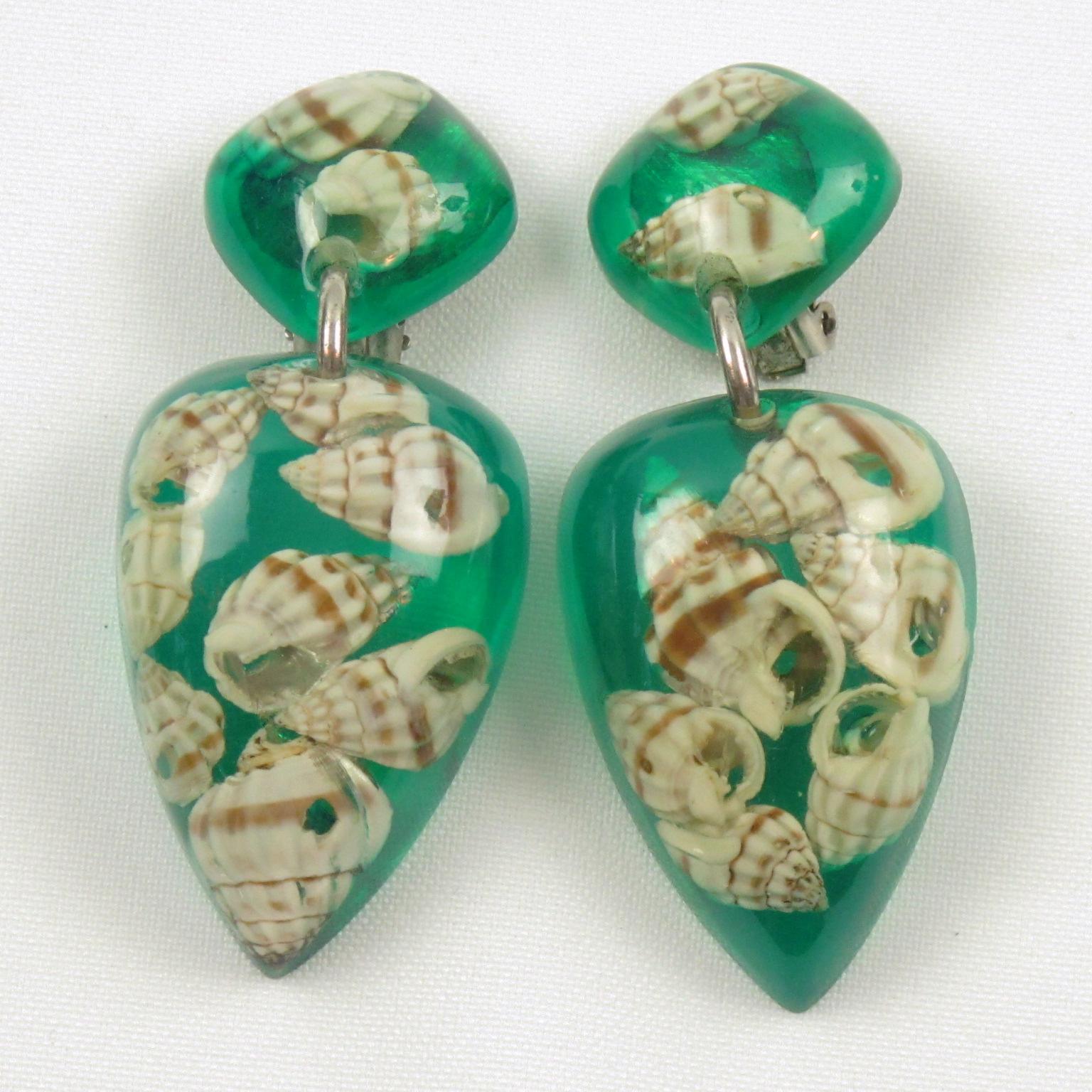 Modernist French Oversized Green Lucite Clip on Earrings with SeaShell Inclusions