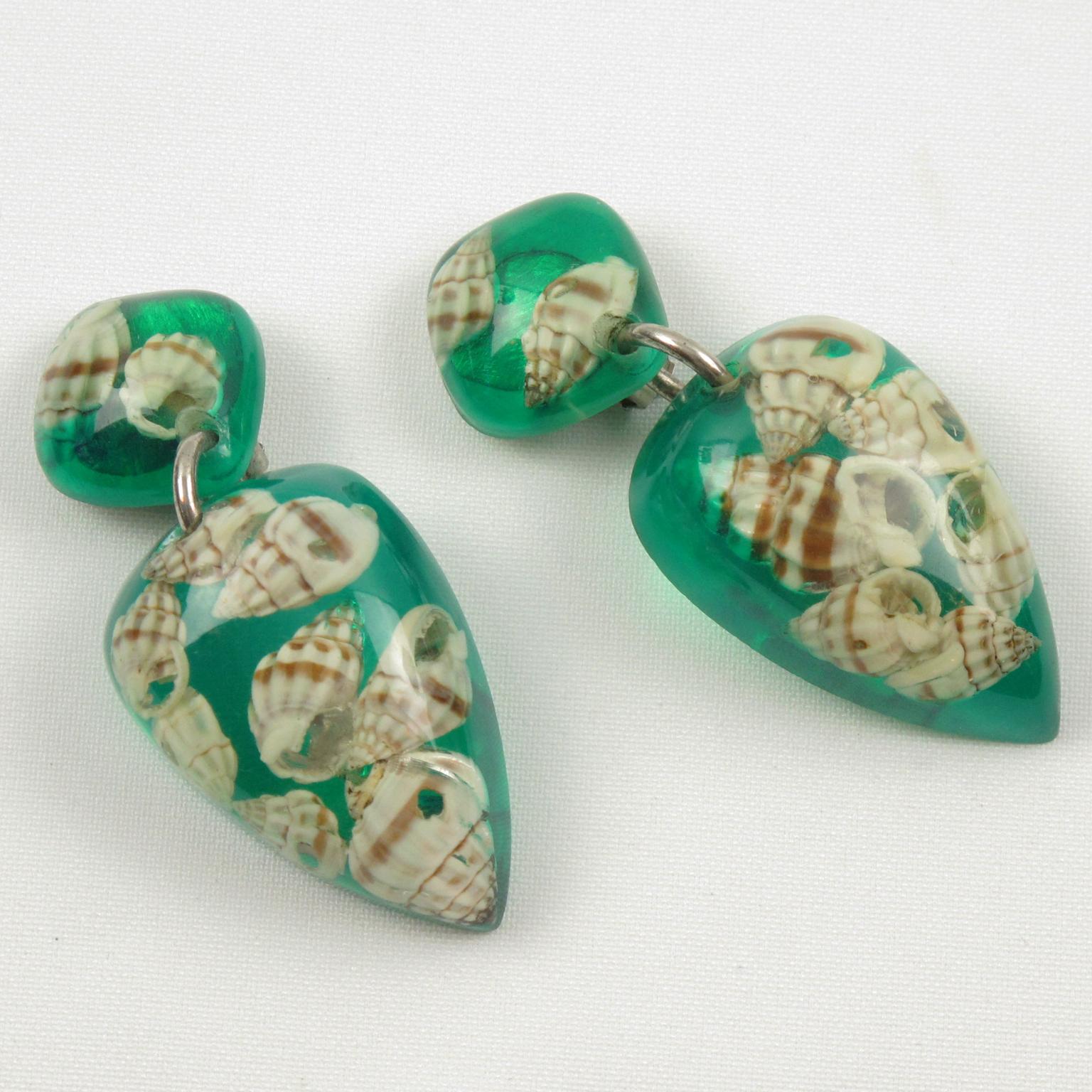 French Oversized Green Lucite Clip on Earrings with SeaShell Inclusions In Excellent Condition In Atlanta, GA