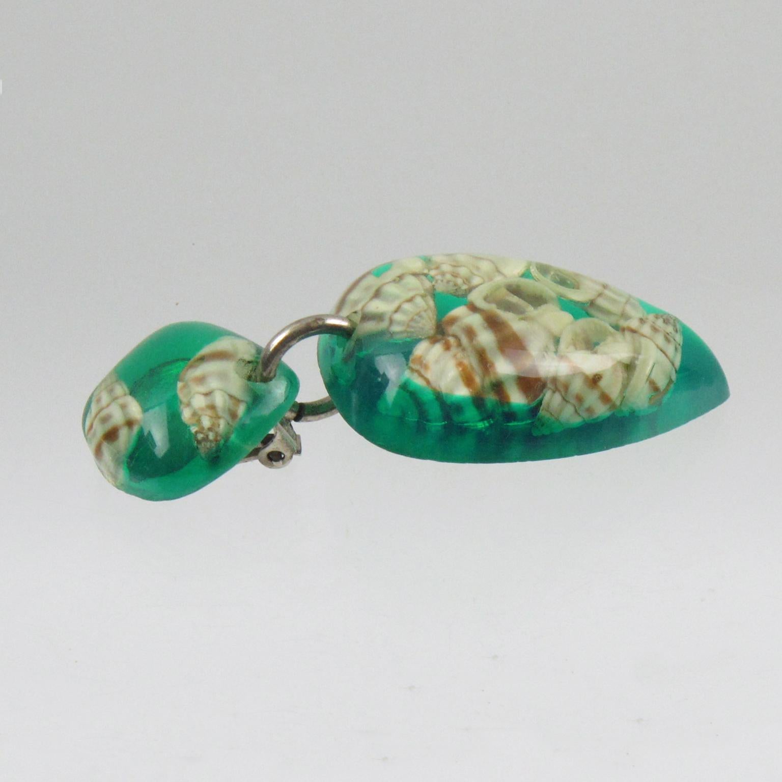 French Oversized Green Lucite Clip on Earrings with SeaShell Inclusions 1