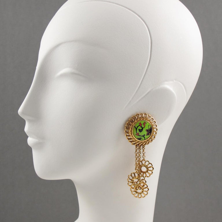 Kenzo Paris Signed Clip on Earrings Drop Dangling Floral Design with