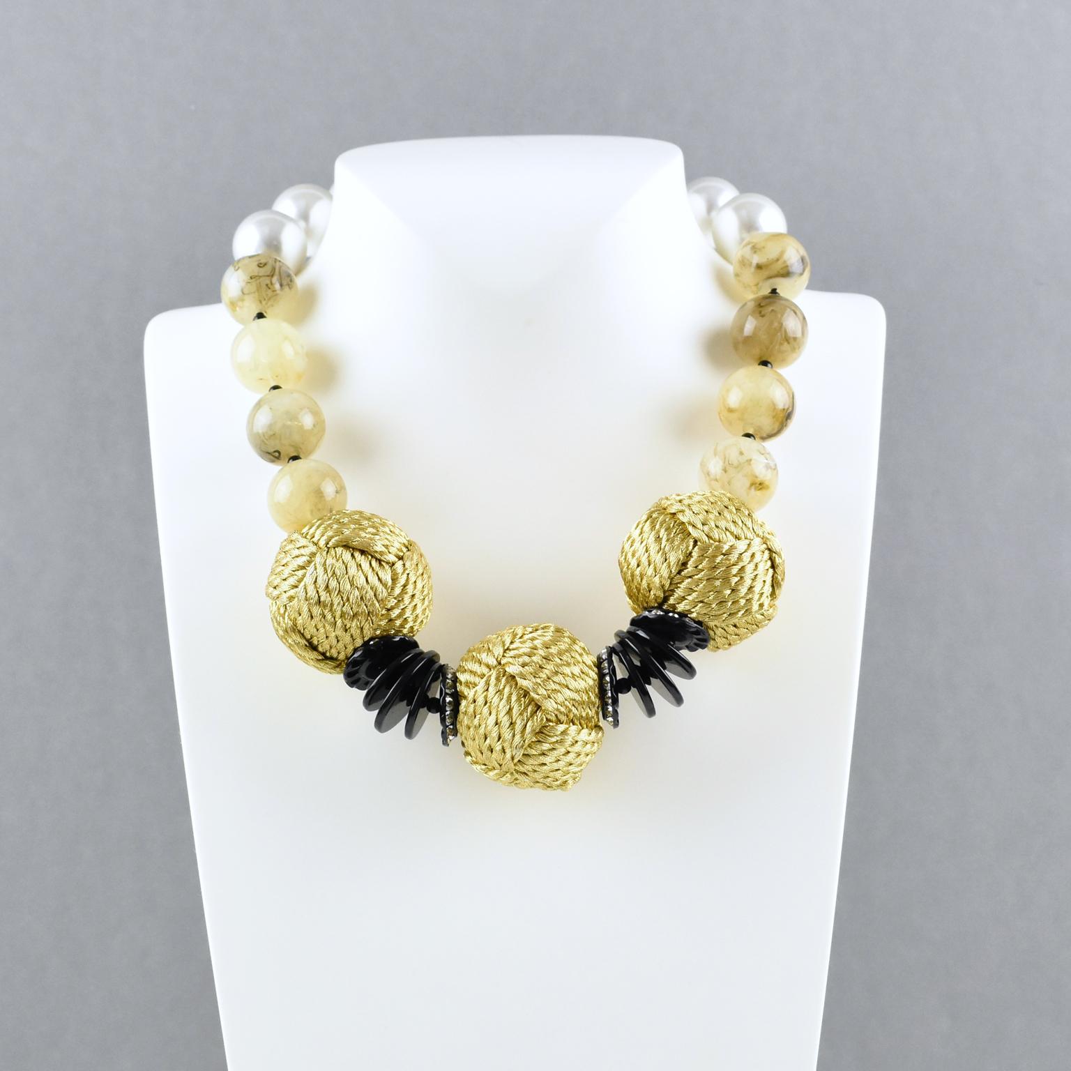 Italian Angela Caputi Choker Necklace Pearl Yellow Smoked Resin & Thread Beads In Excellent Condition In Atlanta, GA