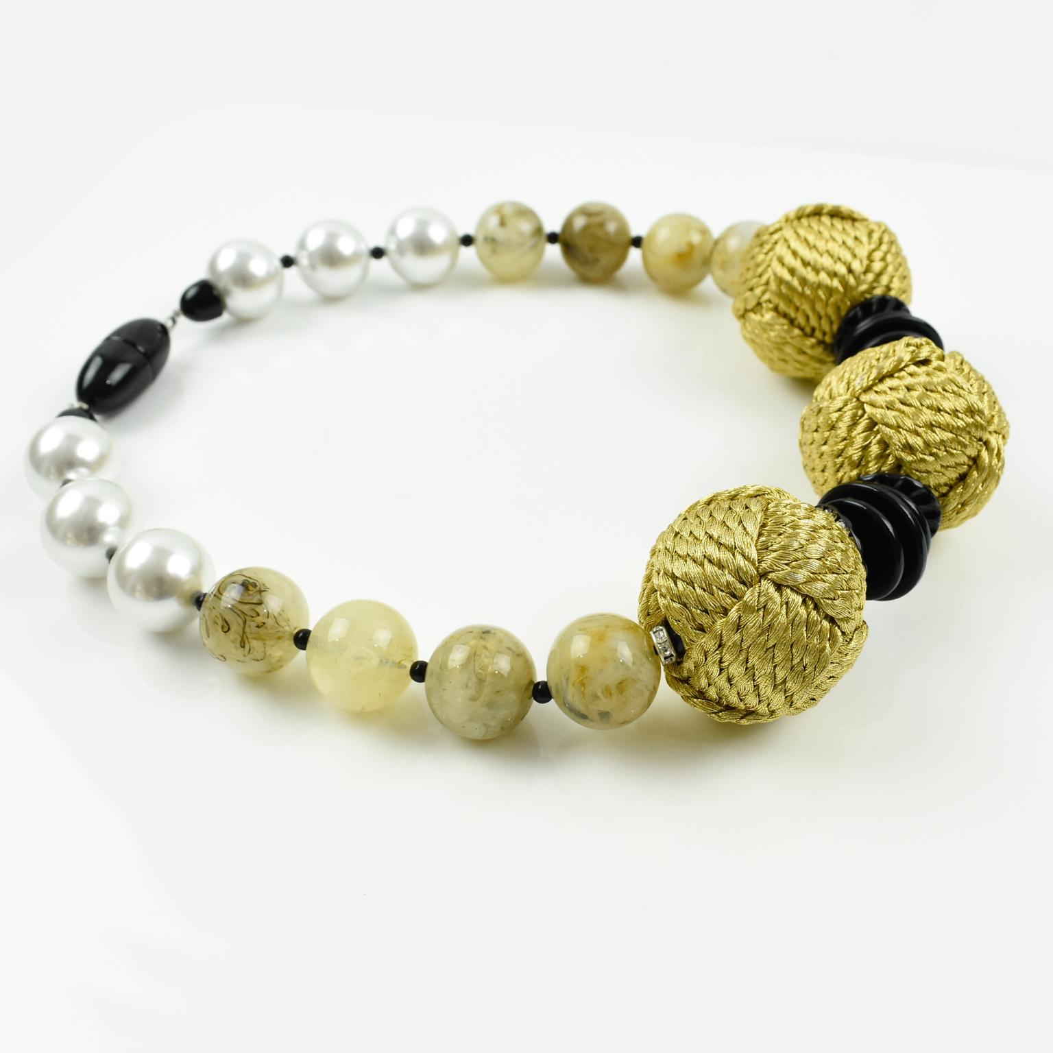Women's or Men's Italian Angela Caputi Choker Necklace Pearl Yellow Smoked Resin & Thread Beads