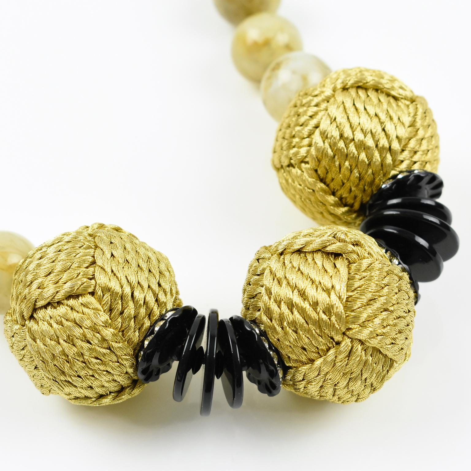 Italian Angela Caputi Choker Necklace Pearl Yellow Smoked Resin & Thread Beads 3