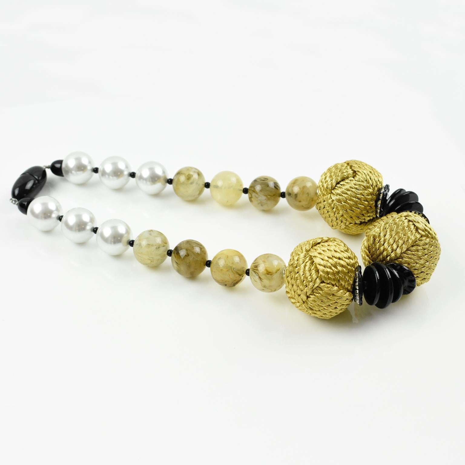 Italian Angela Caputi Choker Necklace Pearl Yellow Smoked Resin & Thread Beads 4