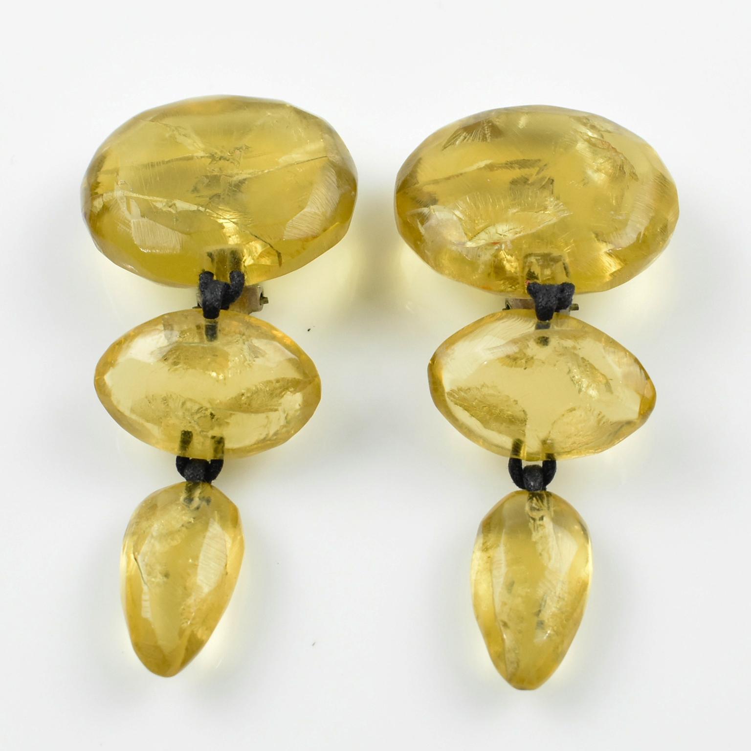 Modernist Gerda Lyngaard for Monies Oversized Dangling Clip Earrings Amber Resin