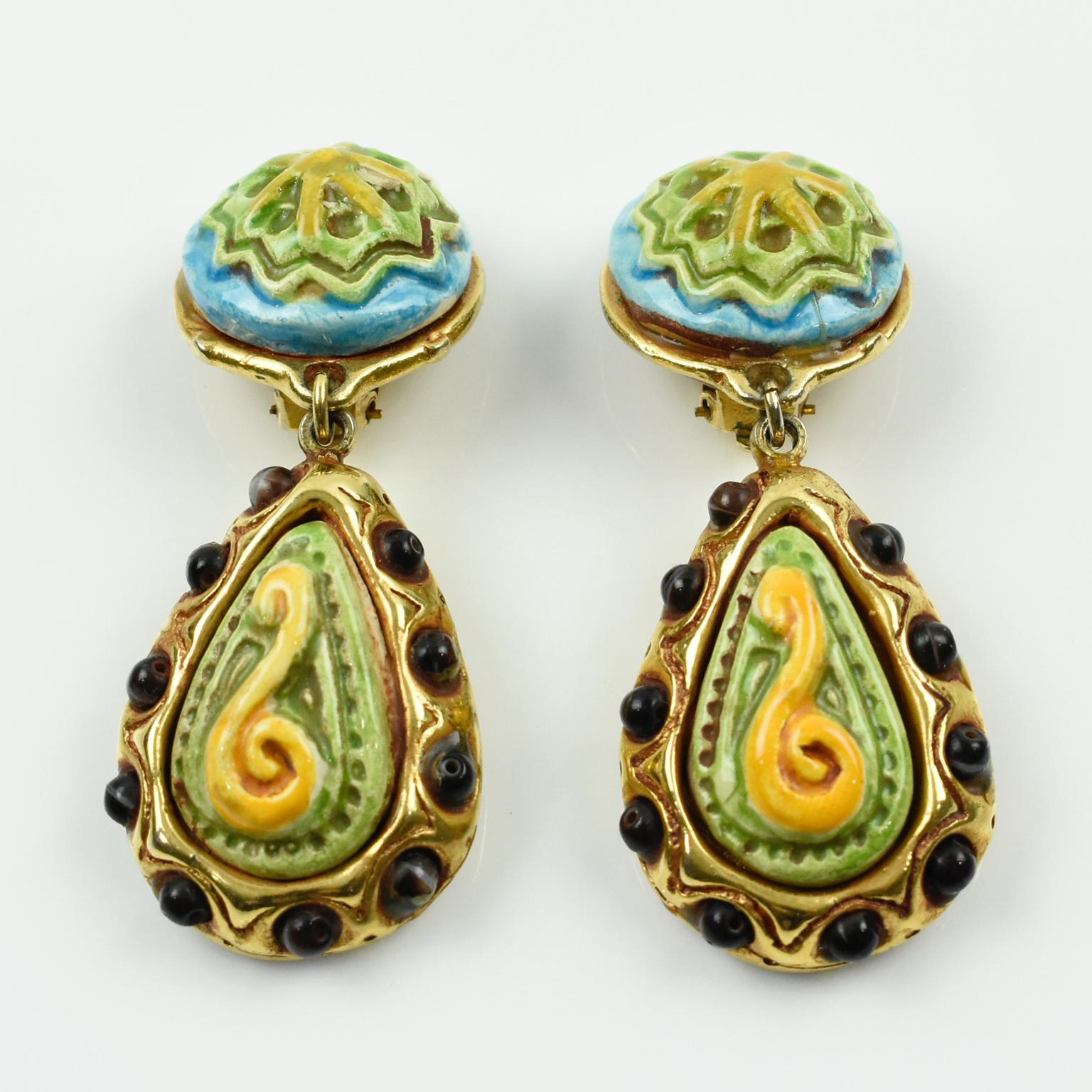Kalinger Paris Clip on Earrings Dangle Gilt Resin with Green Blue Ceramic In Excellent Condition In Atlanta, GA