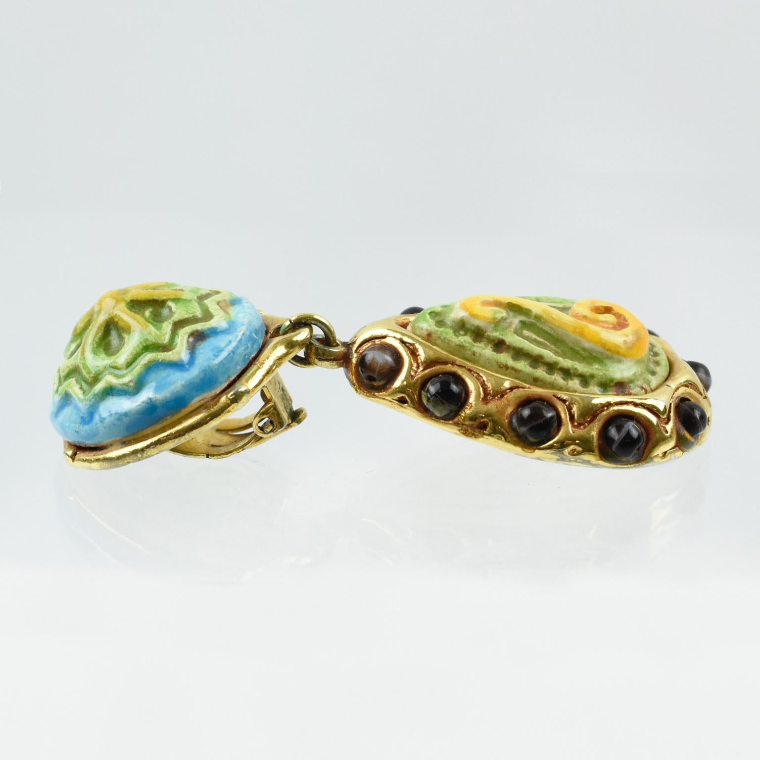 Kalinger Paris Clip on Earrings Dangle Gilt Resin with Green Blue Ceramic 2