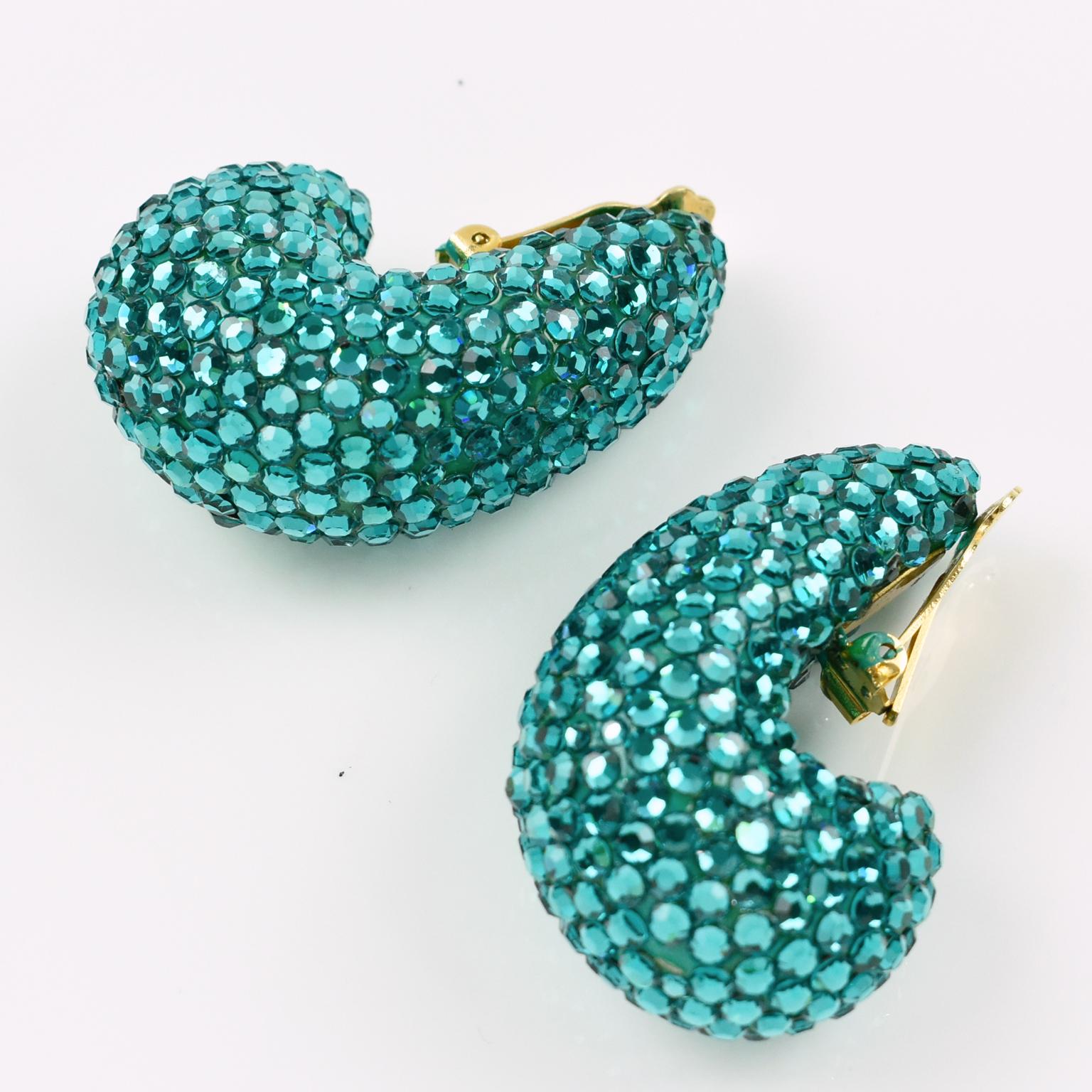 Women's or Men's Richard Kerr 1980s Nautilus Shaped Turquoise Crystal Paved Clip on Earrings