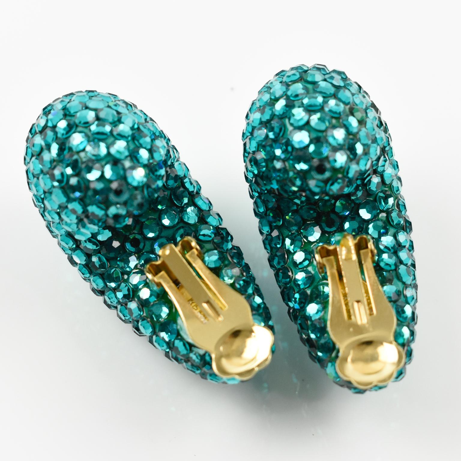 Richard Kerr 1980s Nautilus Shaped Turquoise Crystal Paved Clip on Earrings 2