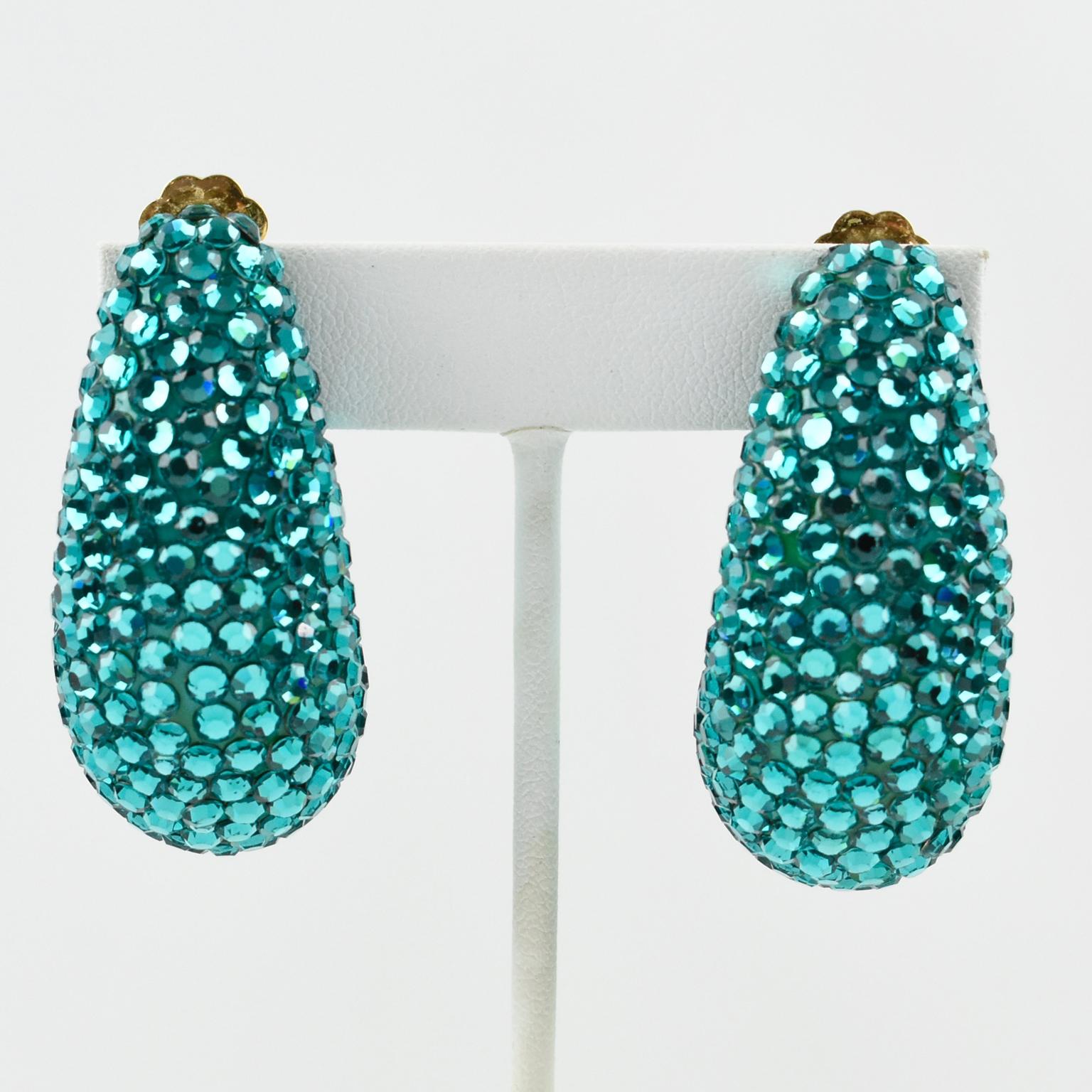 Richard Kerr 1980s Nautilus Shaped Turquoise Crystal Paved Clip on Earrings 5
