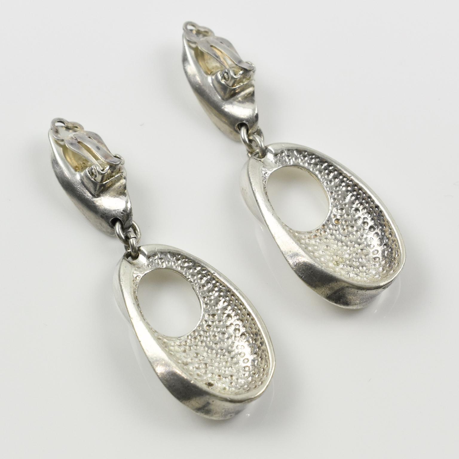 Women's or Men's Claude Montana French Modernist Silver Plate Dangling Clip on Earrings 