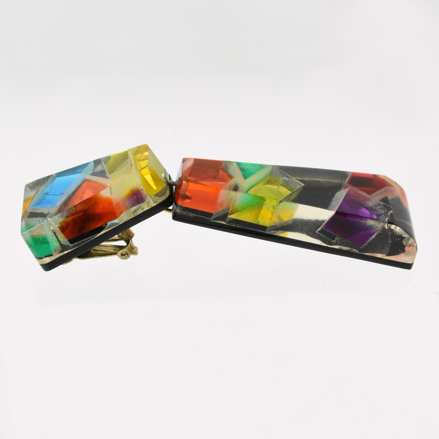 Women's or Men's Harriet Bauknight for Kaso Oversized Lucite Clip on Earrings Harlequin Pattern